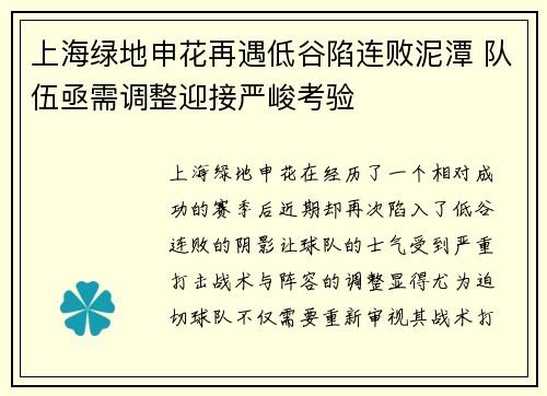 上海绿地申花再遇低谷陷连败泥潭 队伍亟需调整迎接严峻考验